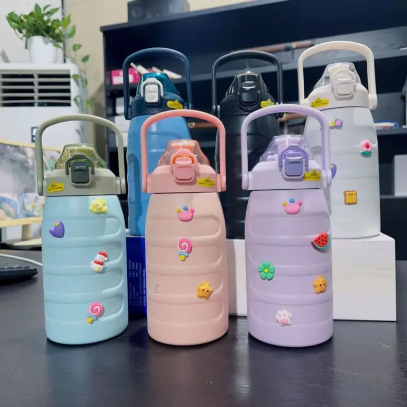 1200 ML Insulated Tumbler with Handle & Silicone Stickers | Double wall | Airtight & leak-Proof | Push Lock Button | Assorted Color | Box Packing