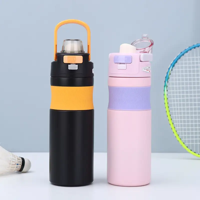 Stainless Steel Double walled Bottle | with Handle & Silicone Grip | Leak-Proof & Push Lock Button | 600 ML | Box Packing | Assorted Colors