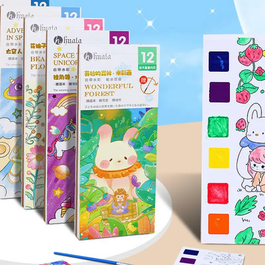 Cute Cartoon Printed Water Painting Diary with Watercolors & Brush for Kids | 8×19 Cm | 12 Pages Different Character | Assorted Prints