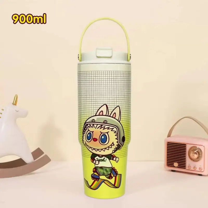 Labubu Stainless Steel Insulated Cartoon Printed Tumbler with Handle & Straw | Airtight & Leakproof | 900 ML | Assorted Colors & Prints | Box Packing