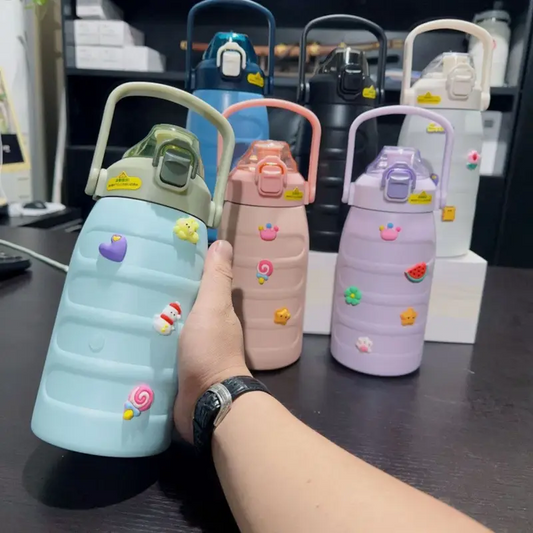 1200 ML Insulated Tumbler with Handle & Silicone Stickers | Double wall | Airtight & leak-Proof | Push Lock Button | Assorted Color | Box Packing