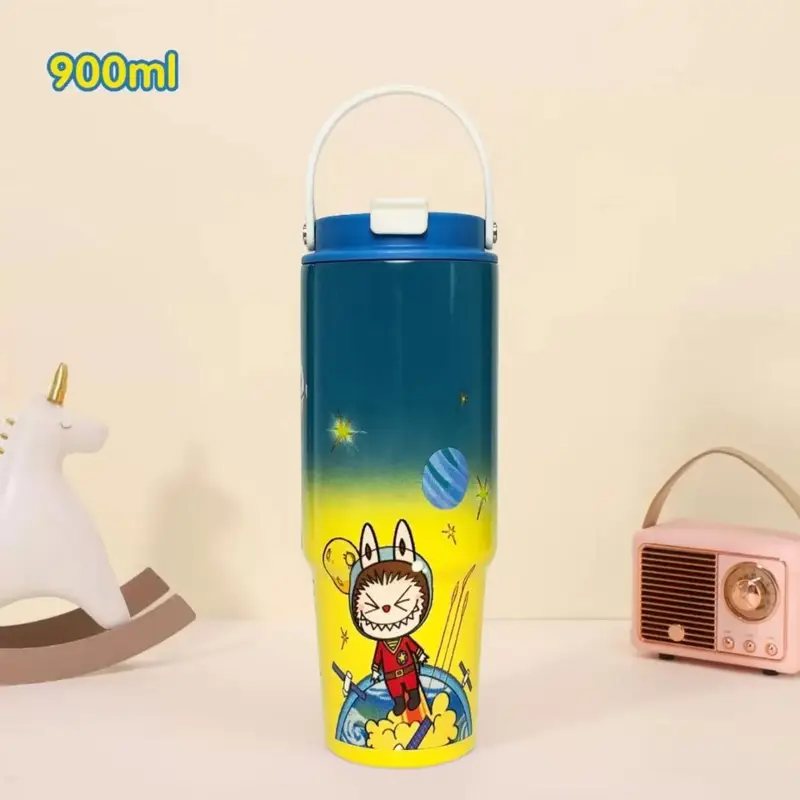 Labubu Stainless Steel Insulated Cartoon Printed Tumbler with Handle & Straw | Airtight & Leakproof | 900 ML | Assorted Colors & Prints | Box Packing