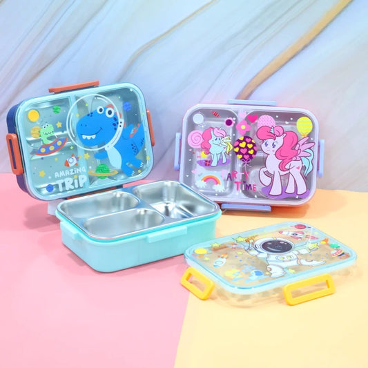 3 COMPARTMENT BIG 750 ML STAINLESS STEEL 304 INSULATED LUNCH BOX With Cutlery Inside (3532)